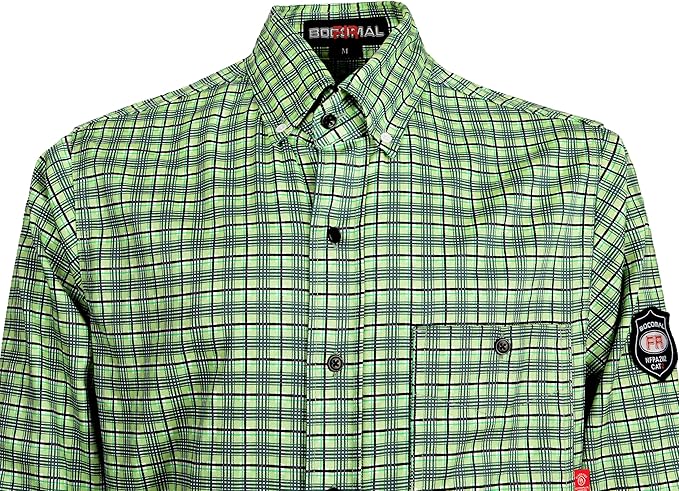 BOCOMAL FR Shirts Flame Resistant NFPA2112/CAT2 6.5oz Light Weight Printed Fire Retardant Plaid Shirt