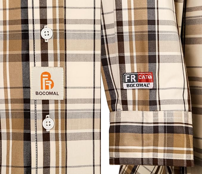 BOCOMAL FR Shirts Plaid 4.5oz Lightweight for Summer Flame Resistant Men's Fire Retardant Shirt-CAT1