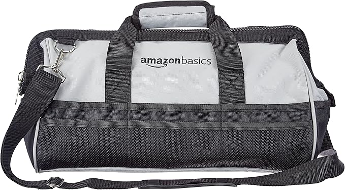 Amazon Basics Durable Wear-Resistant Tool Storage Bag with Adjustable Shoulder Strap, Portable Tool Organizer, 16 in, Black & Grey