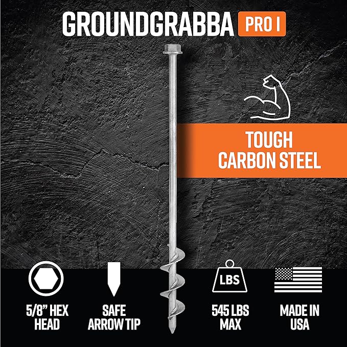 GROUNDGRABBA Screw in Tent Stake for Normal to Hard Ground | Premium Drill Driven Ground Anchor Earth Screws | 4X Pro I Stakes (1.5 Foot), 4X GroundGrabba Closed Hooks, 1X 5/8" Hex Socket Driver