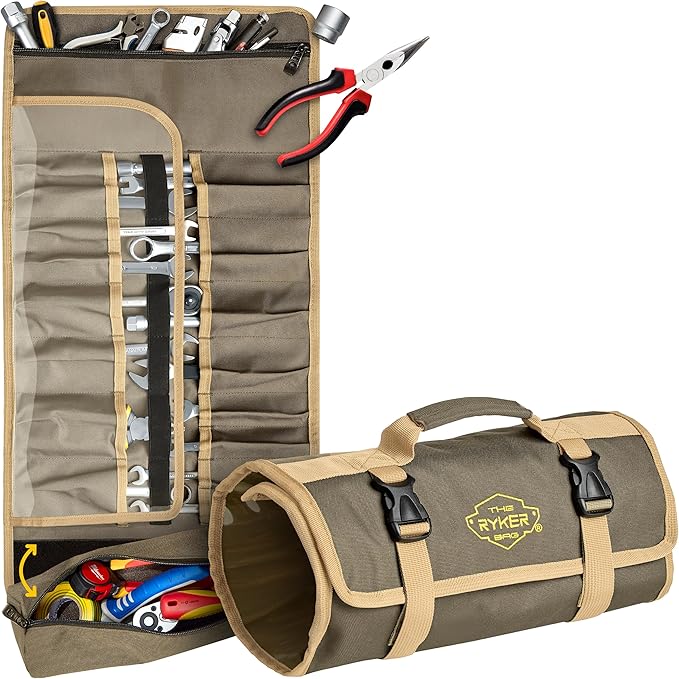 The Ryker Wrench Roll Up Bag Heavy-Duty Canvas Tool Organizer w/Clear PVC Wrench Cover, Heavy Duty Roll Up Tool Bag w/Multiple Pockets for Wrenches, Sockets, and Tools for Mechanics Gifts for Him