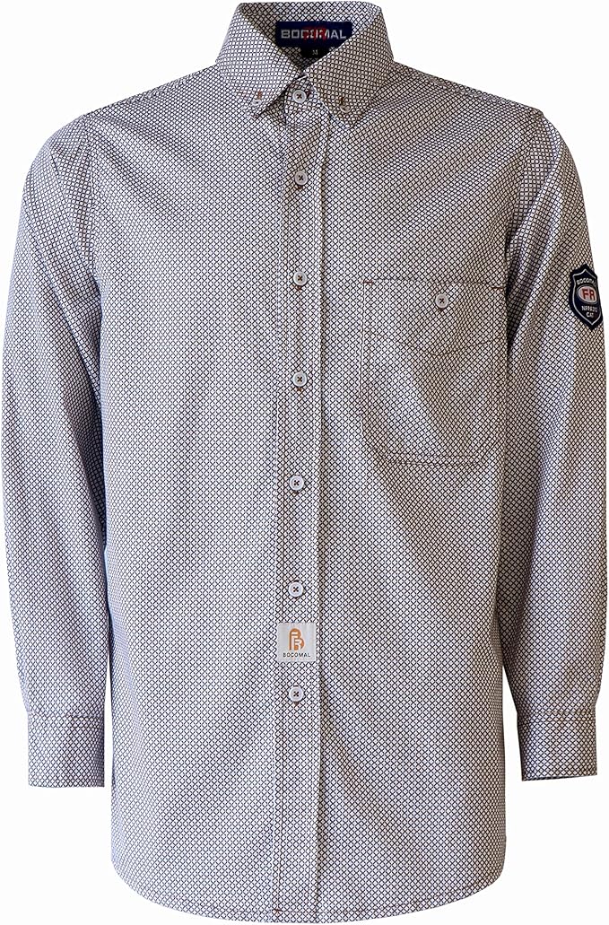 BOCOMAL FR Shirts for Men Printed Plaid Flame Resistant Clothing 6.5oz Cotton Button Up Welding Shirts NFPA2112 CAT2