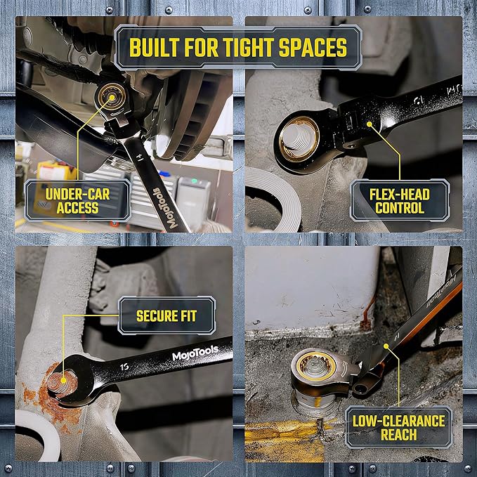 3/8 Inch Flex-Head Ratcheting Combination Wrench, SAE Standard, 72-Tooth 12-Point Ratchet Box End & Open-End Spanner, CR-V Steel, Nickel-Plated for Durability