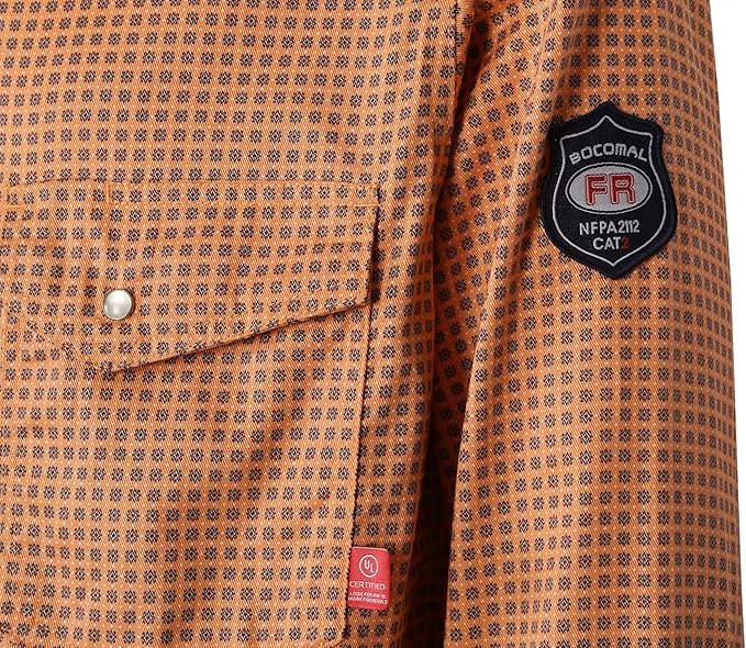 BOCOMAL FR Shirts for Men Printed Plaid Flame Resistant Clothing 6.5oz Cotton Button Up Welding Shirts NFPA2112 CAT2